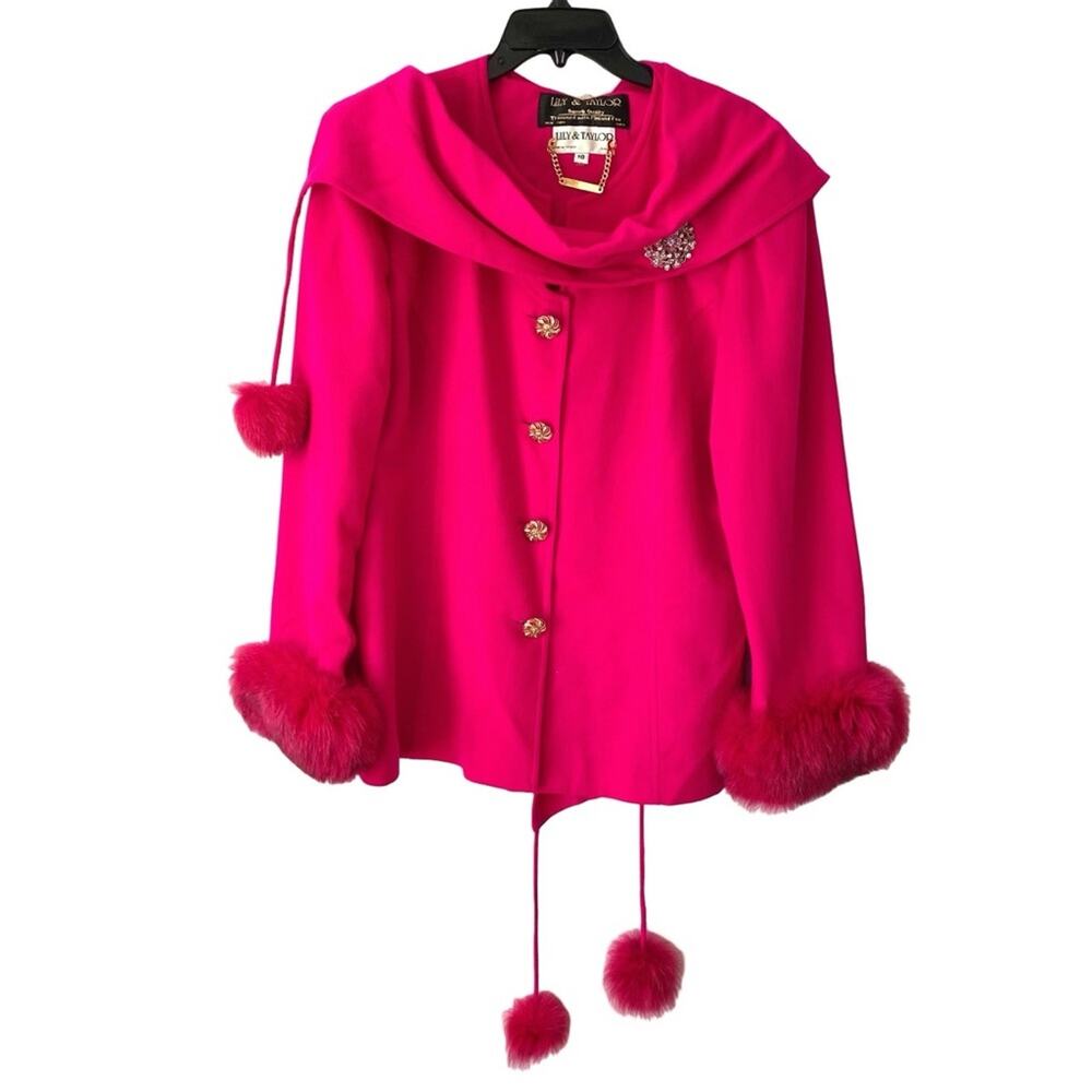 Lily & Taylor Hot Pink Fuscia Finland Fox Trim Wool Blazer Jacket Drape size 18